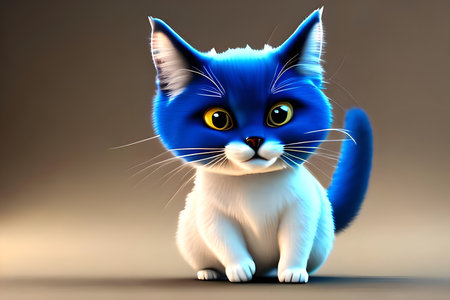 Cute cartoon cat with blue eyes sitting on a gray background.の写真素材