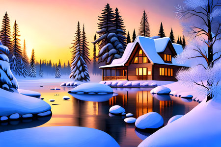 Winter landscape with a wooden house by the lake. Vector illustration.の写真素材