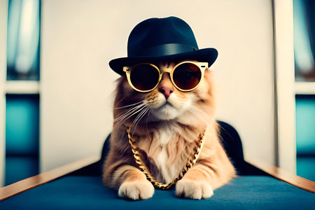 Cute ginger cat wearing a hat and sunglasses sitting on a chairの写真素材