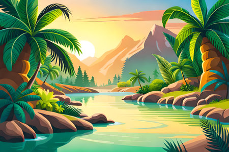 Beautiful tropical landscape with palm trees and lake. Vector illustration.の写真素材