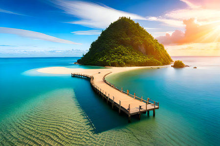 Beautiful seascape. Wooden pier leading to the island.の写真素材