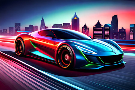 Futuristic sports car on the road at night. 3d renderingの写真素材