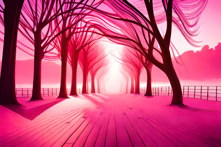 Wooden path in the forest with trees and fog at sunrise.の写真素材