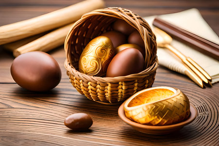 Easter chocolate eggs in basket on wooden table. Happy Easter.の写真素材