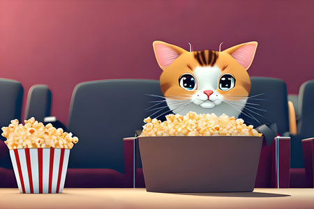 cute cat eating popcorn in cinema hall, 3d render illustrationの写真素材