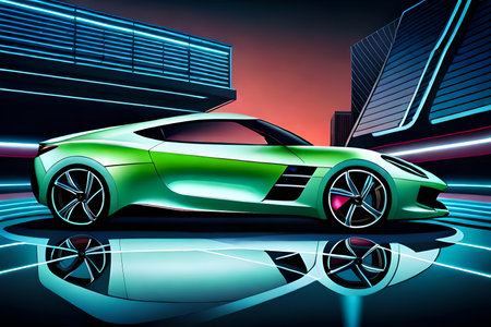Sport car on the background of the night city. Vector illustration.の写真素材