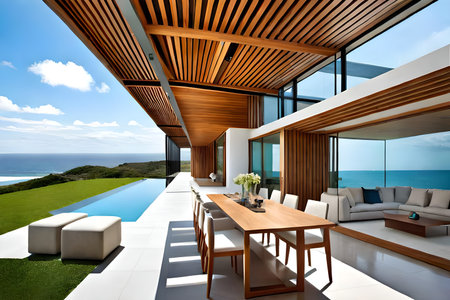 3d rendering of terrace of a modern house with sea viewの写真素材