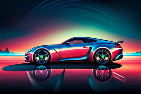 Vector illustration of a sports car on the background of the night cityの写真素材