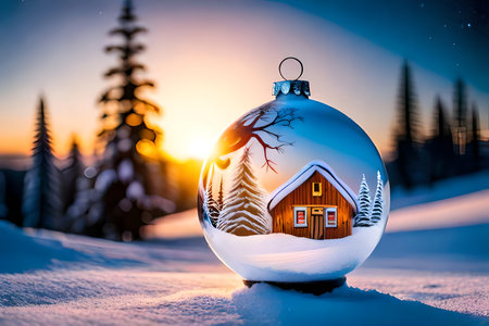 Christmas glass ball with house in the snow against the backdrop of a winter landscapeの写真素材