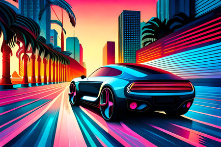 Futuristic car on the background of the city. Vector illustrationの写真素材