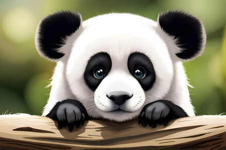 Vector illustration of cute panda sitting on a log in the forestの写真素材