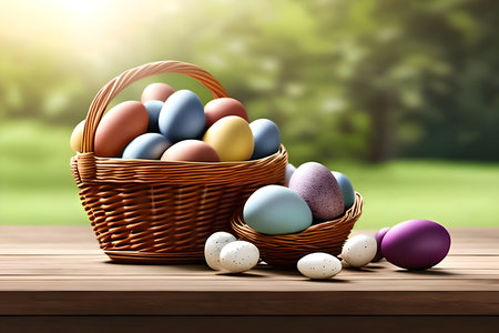 Basket with easter eggs on wooden table. 3d renderの写真素材