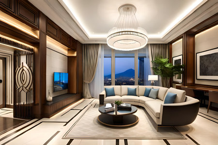 3D rendering of a living room with a view on the mountainsの写真素材