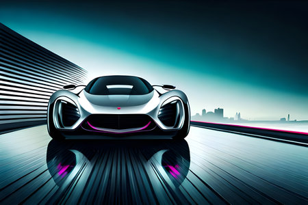 3D rendering of a brand-less generic concept car on the roadの写真素材