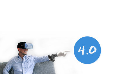 Man with VR glasses and button labeled 4.0