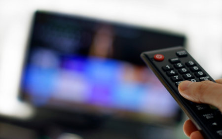 Hand holding remote control: Binge watching TV show