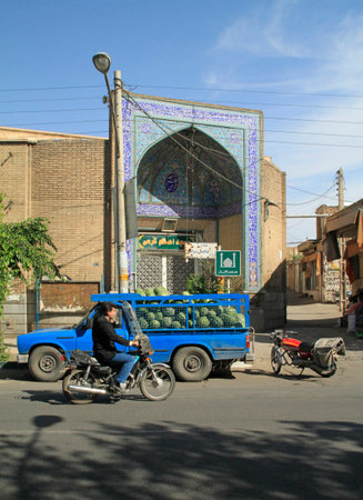 Kashan, Iran - June 15, 2018: Pickup truck filled with watermelons in the city of Kashan, Iran.のeditorial素材