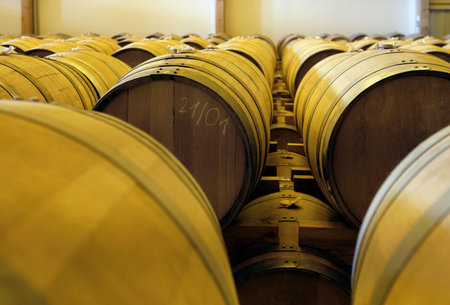 Stacked casks at a whiskey distilleryの写真素材