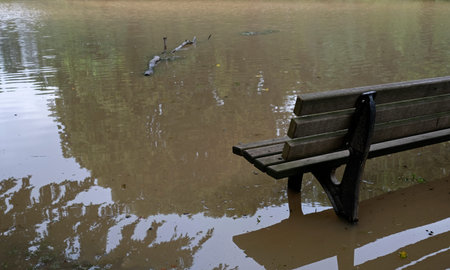 Extreme weather - bench in a flooded park in DÃ¼sseldorf, Germany