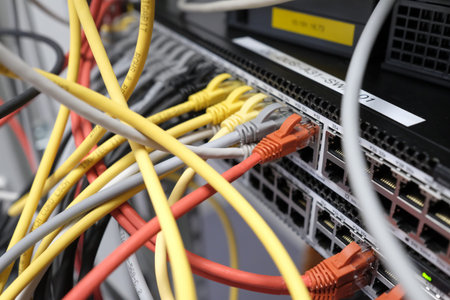 Network technology - multiple colorful cables in an IT and server room