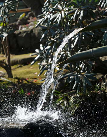 <p>Water with motion blur coming out of a bamboo pipe in a Japanese temple</p>の写真素材