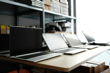Row of laptops being prepared and set up for new employees in a companyの写真素材