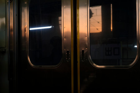 The evening sky reflected on the metal doors of a Japanese metro trainの写真素材