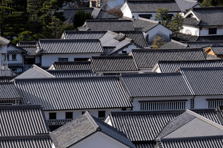 View over the tiled rooftops in Kurashiki, Japanの写真素材