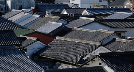 View over the tiled rooftops in Kurashiki, Japanの写真素材