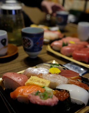 Close-up of delicious sushi in the dining room of a Japanese homeの写真素材