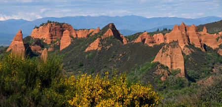 The unique landscape of Las Medulas in Galicia, Spain, shaped by gold mining activities of the ancient Romansの写真素材