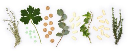 arrangement of natural pills and plants on white backgroundの写真素材