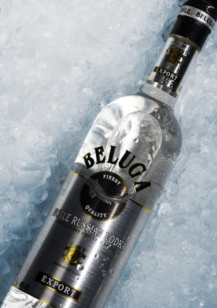 Bottle of vodka Beluga on ice backgroundのeditorial素材