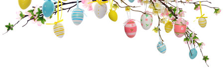 Branches with multi colored Easter eggs on white background