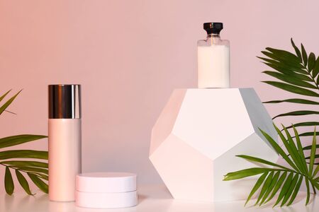 Set of cosmetic products with palm leavesの写真素材
