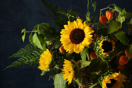 Beautiful bouquet of sunflowers and forest plantsの写真素材