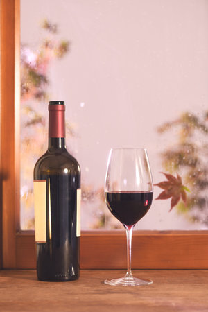 Arrangement of glass with bottle of red wine in autumn timeの写真素材