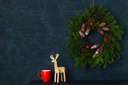 Christmas home decoration on blue wall backgroundの写真素材