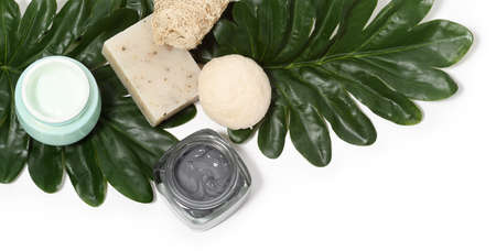 Arrangement of skin care products with palm leavesの写真素材