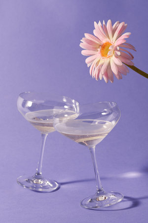 Two glasses of champagne with gerbera on violet backgroundの写真素材