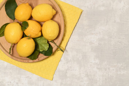 Arrangement with fresh lemons, flat lay