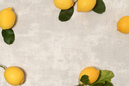 Arrangement with fresh lemons, flat lay