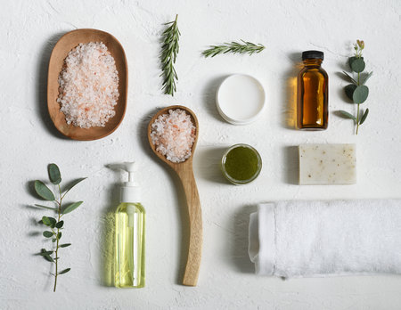 Arrangement of skin care products, flat layの写真素材