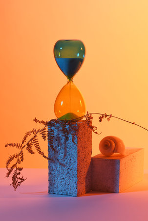 Arrangement of hourglass, snail and dried fern in blue and orange colors