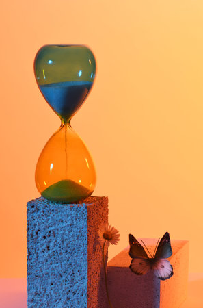 Arrangement of hourglass, butterfly and daisy in blue and orange colors