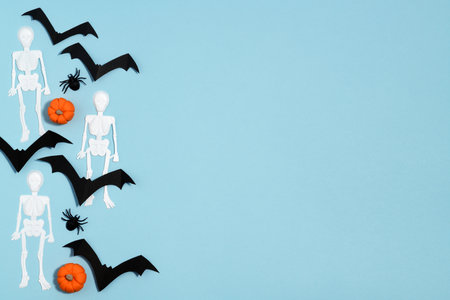 Arrangement of Halloween decoration on blue backgroundの写真素材