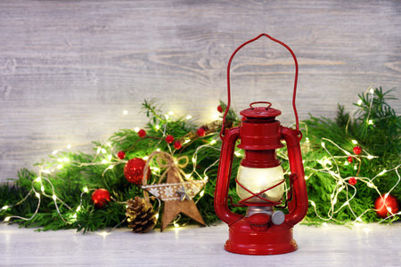 Vintage red lantern with Christmas decoration