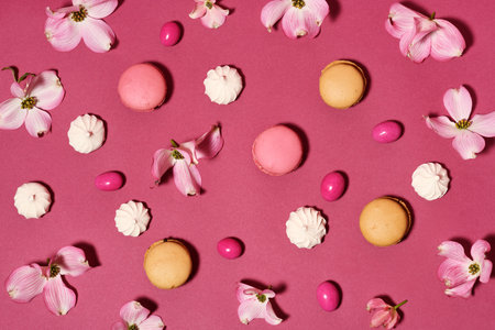 Arrangement of sweets and flowersの写真素材