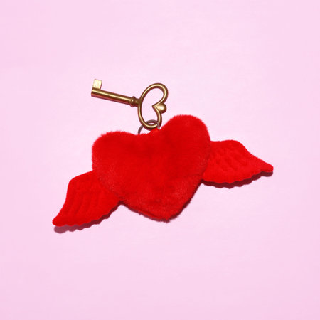 Key with fluffy red heart on a pink background