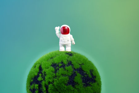 Funny astronaut explores a new planetの写真素材